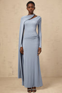 Phoebe Blue Diagonal Shawl Fitted Maxi Dress