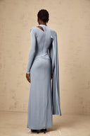 Phoebe Blue Diagonal Shawl Fitted Maxi Dress
