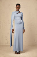 Phoebe Blue Diagonal Shawl Fitted Maxi Dress