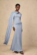 Phoebe Blue Diagonal Shawl Fitted Maxi Dress