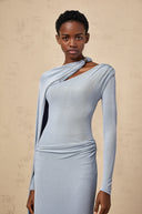 Phoebe Blue Diagonal Shawl Fitted Maxi Dress