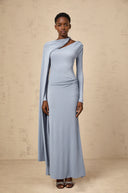 Phoebe Blue Diagonal Shawl Fitted Maxi Dress