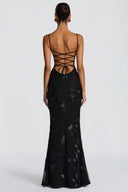 Theresa Black Floral Appliqué Corset Maxi Dress