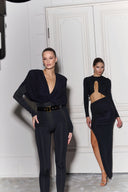 Geraldine Black Deep V-Neck Draped Jumpsuit