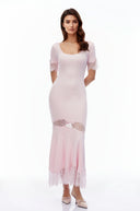 Thelma Pink Round Neck Maxi Dress with Lace Trim