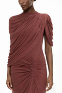 Esther Brown Asymmetrical Ruched Cape Maxi Dress