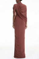 Esther Brown Asymmetrical Ruched Cape Maxi Dress
