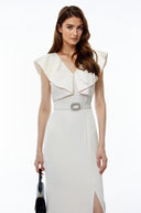 Fiona White V-Neck Ruched Maxi Dress with Slit