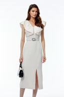 Fiona White V-Neck Ruched Maxi Dress with Slit