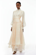 Honora Neutrals High-Neck Ruffled Detail Maxi Dress
