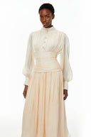 Honora Neutrals High-Neck Ruffled Detail Maxi Dress