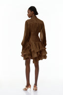 Honora Brown High-Neck Ruffled Detail Mini Dress
