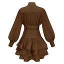Honora Brown High-Neck Ruffled Detail Mini Dress