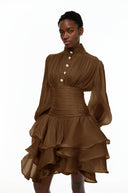 Honora Brown High-Neck Ruffled Detail Mini Dress