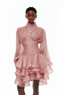 Honora Pink High-Neck Ruffled Detail Mini Dress