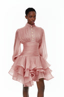 Honora Pink High-Neck Ruffled Detail Mini Dress