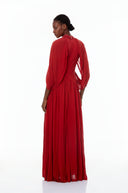 Laurel Red Cape Design Mesh Maxi Dress