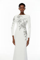 Miranda White Embellished Maxi Gown with Floral Embroidered