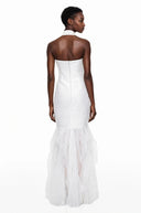 Valerie White Halterneck Ruffled Ruched Maxi Dress