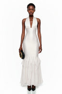 Valerie White Halterneck Ruffled Ruched Maxi Dress