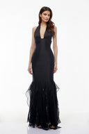 Valerie Black Halterneck Ruffled Ruched Maxi Dress