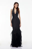 Valerie Black Halterneck Ruffled Ruched Maxi Dress