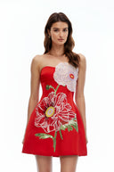 Valencia Red Flora Embroidered Mini Dress