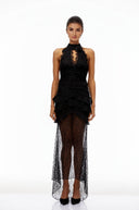 Cora Black Halterneck Floral Lace Maxi Dress