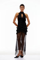 Cora Black Halterneck Floral Lace Maxi Dress