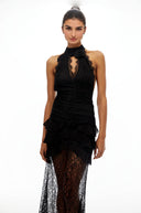 Cora Black Halterneck Floral Lace Maxi Dress