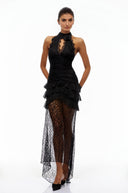Cora Black Halterneck Floral Lace Maxi Dress