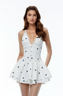 Braylee White Plunge Neck Polka Dot Mini Dress