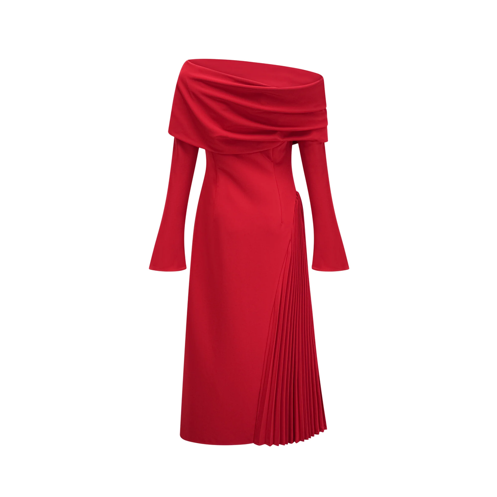 Scarlett Red Off-Shoulder Pleated Maxi Dress with Side Slit