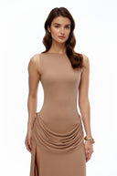 Fable Khaki Open Back Ruched Slit Maxi Dress
