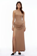 Fable Khaki Open Back Ruched Slit Maxi Dress