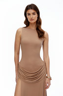 Fable Khaki Open Back Ruched Slit Maxi Dress