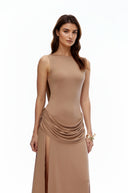 Fable Khaki Open Back Ruched Slit Maxi Dress
