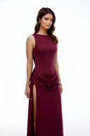 Fable Red Open Back Ruched Slit Maxi Dress