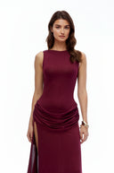 Fable Red Open Back Ruched Slit Maxi Dress
