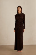 Haven Brown Ruched Maxi Dress