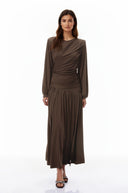 Katalina Brown Braid Detail Ruched Maxi Dress