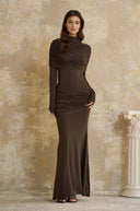 Dorotea Brown Cape Design Ruched Maxi Dress