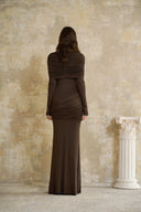 Dorotea Brown Cape Design Ruched Maxi Dress