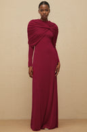 Estela Red Cape-Design Ruched Maxi Dress