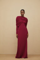 Estela Red Cape-Design Ruched Maxi Dress