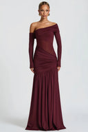Herminia Burgundy One Shoulder Gathered Maxi Dress