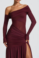 Herminia Burgundy One Shoulder Gathered Maxi Dress