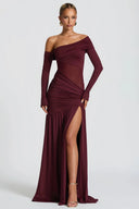 Herminia Burgundy One Shoulder Gathered Maxi Dress