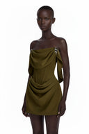 Pauline Olive Green Ruched Mini Dress with Metal Hardware