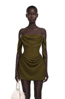 Pauline Olive Green Ruched Mini Dress with Metal Hardware